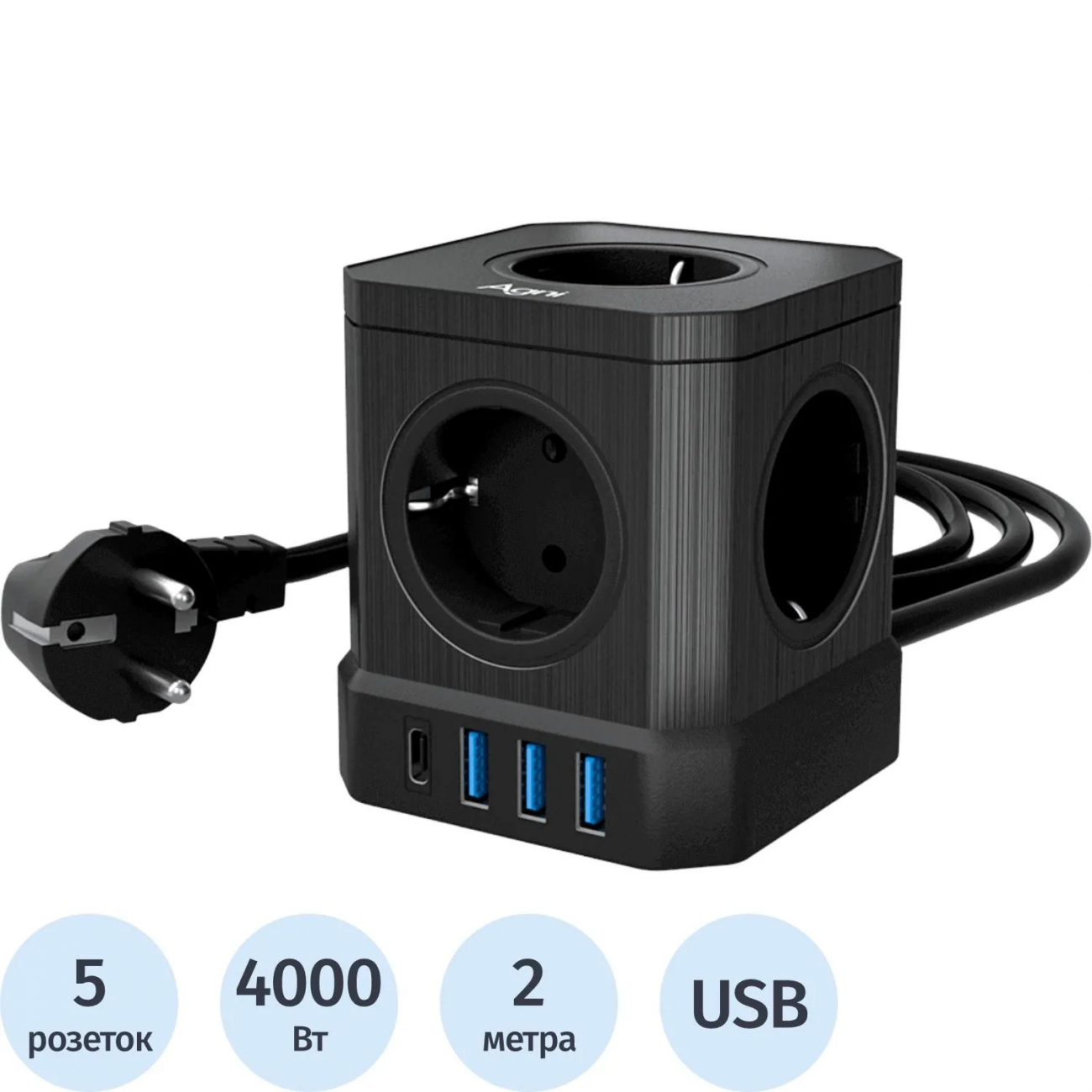 Сетевой фильтр AGNI 5р/2м,3USB 1TYPE-C,черный(TP-VE4U5E-C-2m-black) 2444471
