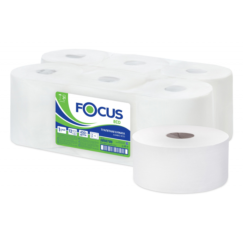 Бумага туалетная д/дисп Focus Eco Jumbo 1сл бел цел 450м 12рул/уп 5050785 1418102