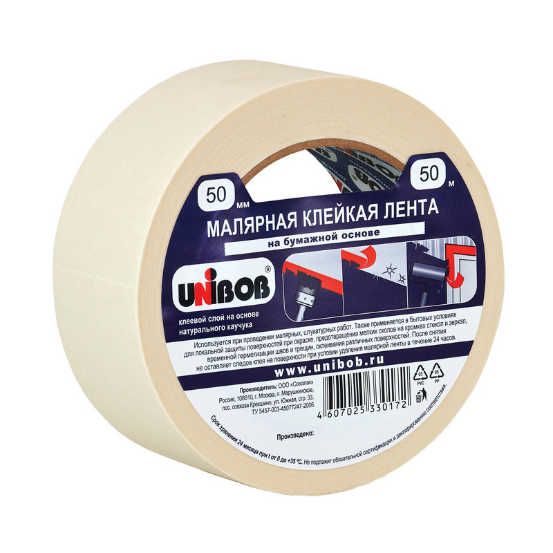 Клейкая лента малярная 50мм х 50м, креппированная Unibob 854505