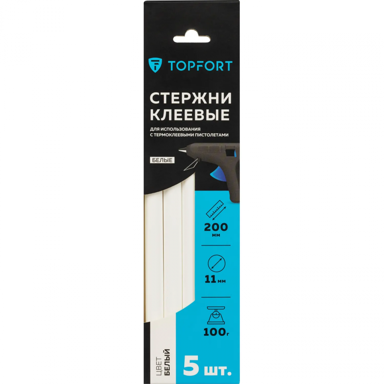 Стержни клеевые белые 11x200, упаковка 5 штук, Topfort 2128937