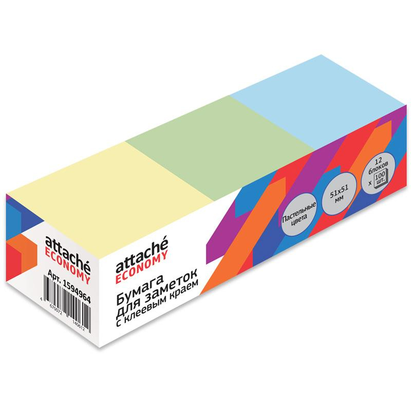 Стикеры Attache Economy 51x51 мм, 100 л, цв в асс, 12 бл/уп 1408010 1594962