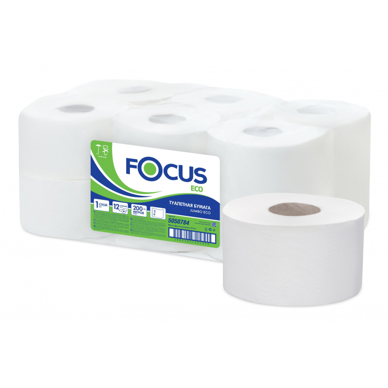 Бумага туалетная д/дисп Focus Eco Jumbo 1сл бел цел 200м 12рул/уп 5050784 1418101