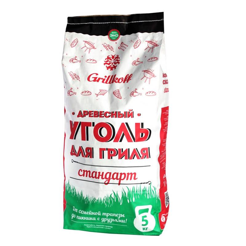 Уголь древесный для гриля Стандарт, пакет 5кг. из твердых лист, пород 2 Grillkoff 972599