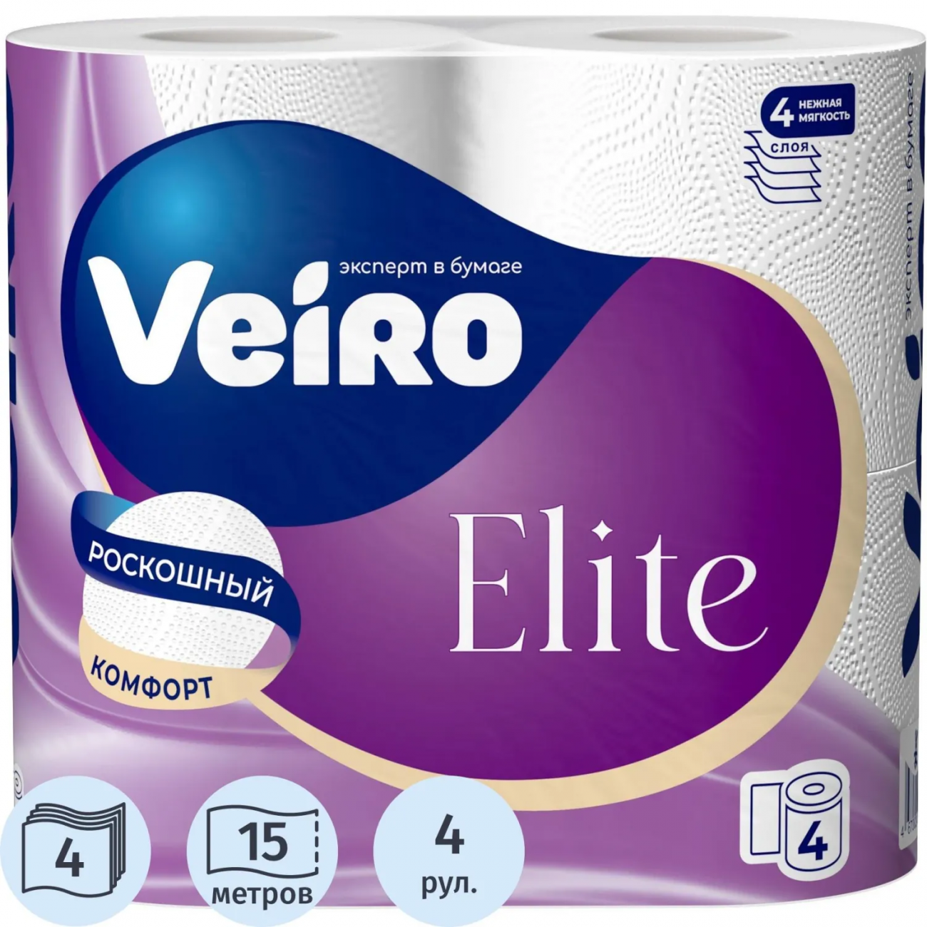 Бумага туалетная Veiro Elite бел перв цел 15м 4сл 4рул/уп 2387012 9с44