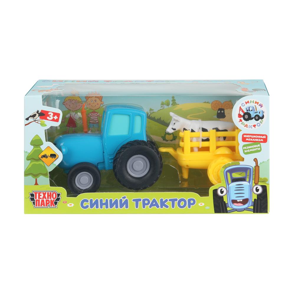 Машина металлическая "Синий Трактор с телегой и коровой", 11см. инерция Технопарк BLUTRA-11-CARTCOW-WOD