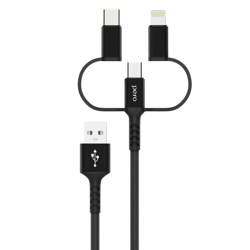 Кабель PERO, DC-06, 2.4А, 2м, Lightning/micro USB/Type-C, черный Pero 1598885 4603768350699
