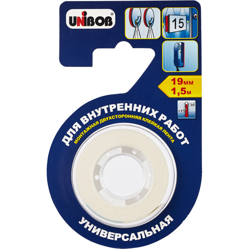 Клейкая лента двусторонняя для внутренних работ Unibob 19мм х 1,5м, белая 371115