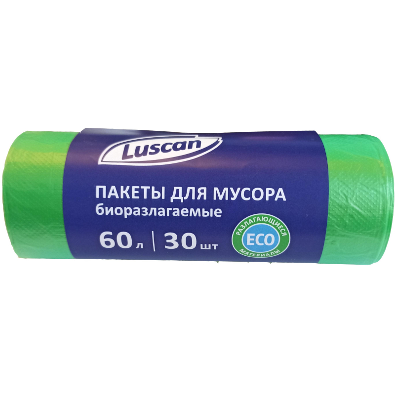 Мешки д/мусора ПНД 60л 12мкм 30шт/рул зеленые 58x68см Luscan Bio 1541736