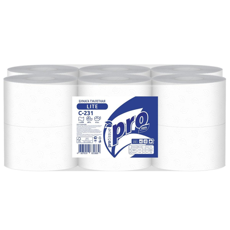 Бумага туалетная д/дисп Protissue 1сл 12рул 200м С231 1415039