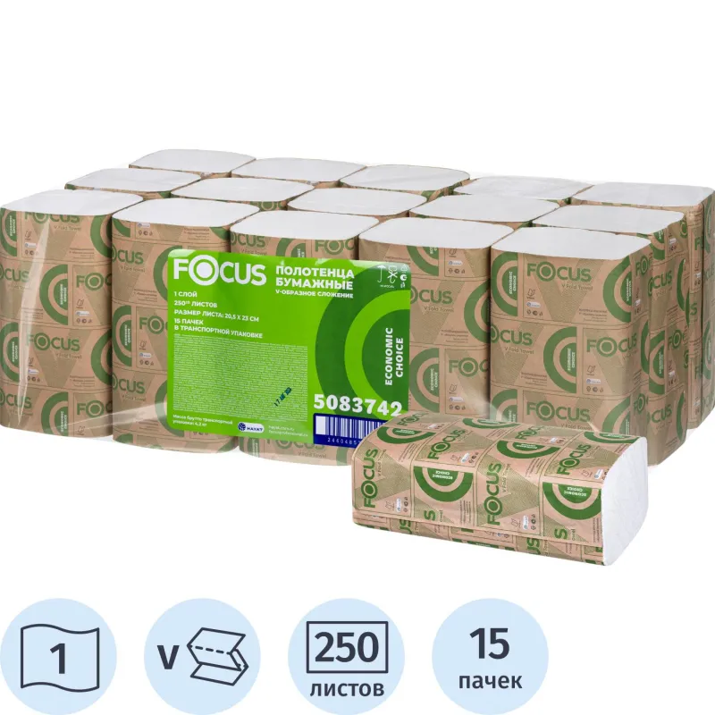 Полотенца бумажные д/дисп. FOCUS Eco Vсл 1сл бел 250л 15пач/уп 5083742 п/э 1769755