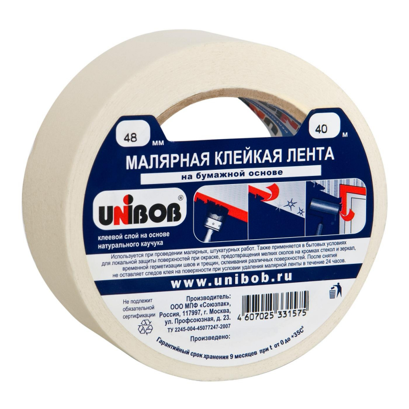 Клейкая лента малярная 48мм х 40м белая, креппированная Unibob 1290892